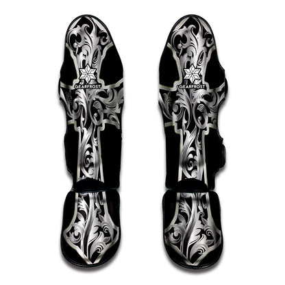 Ornamental Silver Cross Print Muay Thai Shin Guard