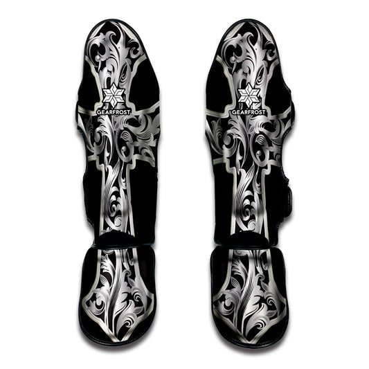Ornamental Silver Cross Print Muay Thai Shin Guard