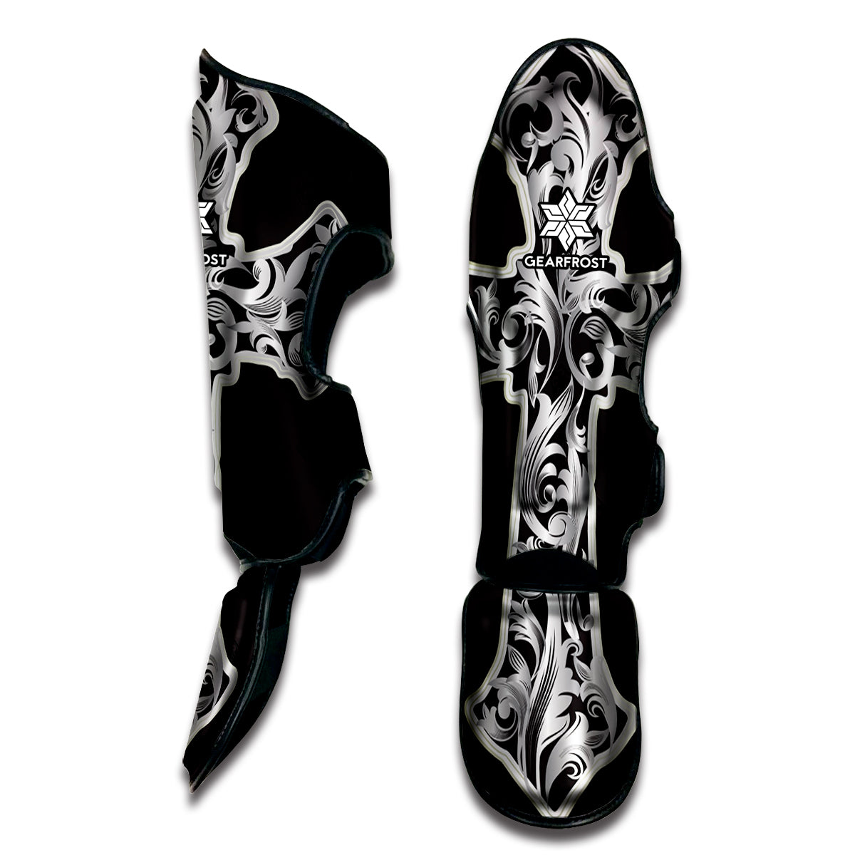 Ornamental Silver Cross Print Muay Thai Shin Guard