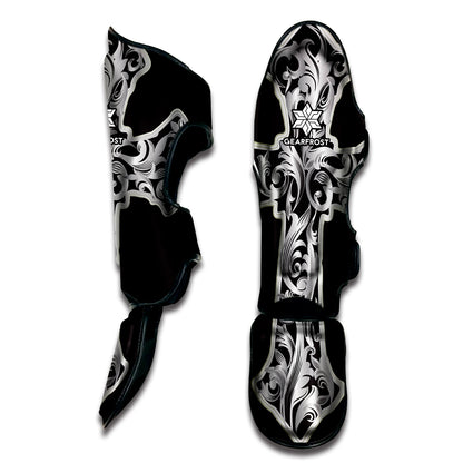 Ornamental Silver Cross Print Muay Thai Shin Guard