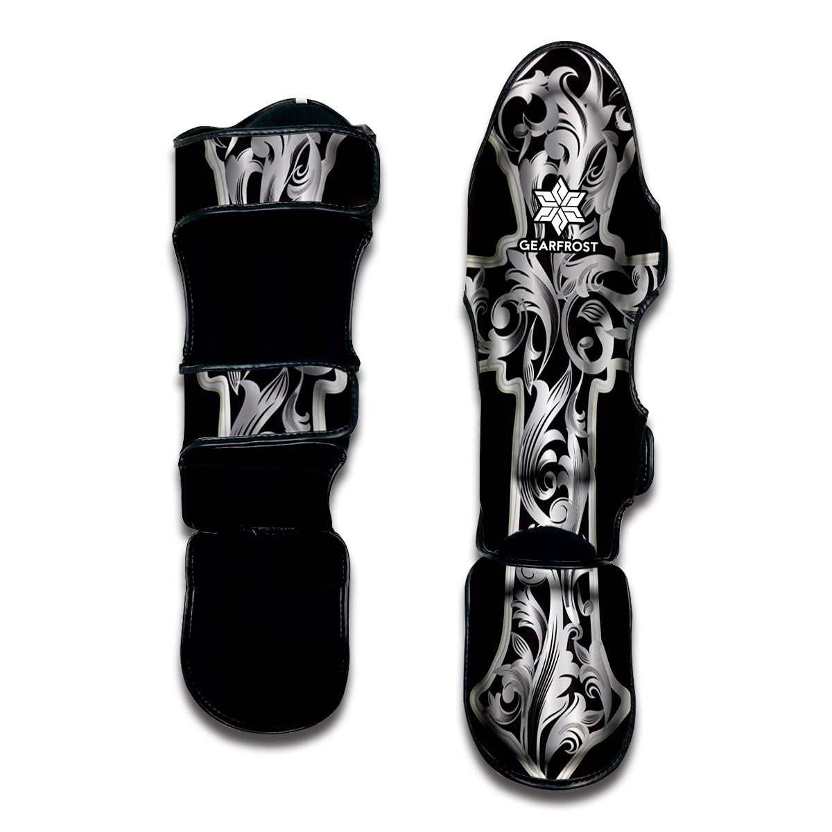 Ornamental Silver Cross Print Muay Thai Shin Guard