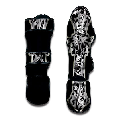 Ornamental Silver Cross Print Muay Thai Shin Guard