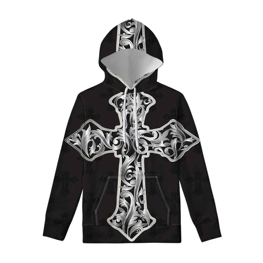 Ornamental Silver Cross Print Pullover Hoodie