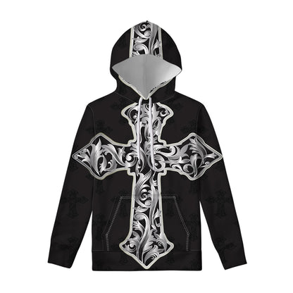 Ornamental Silver Cross Print Pullover Hoodie