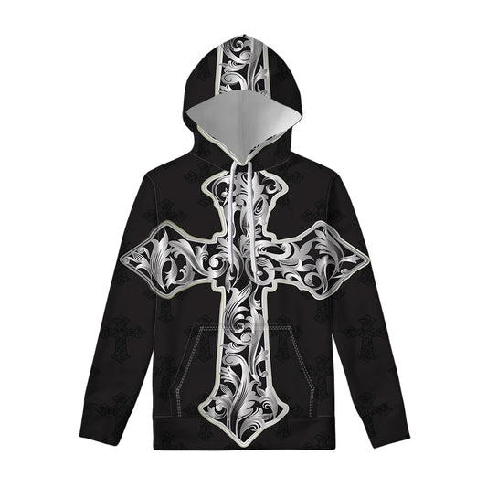 Ornamental Silver Cross Print Pullover Hoodie