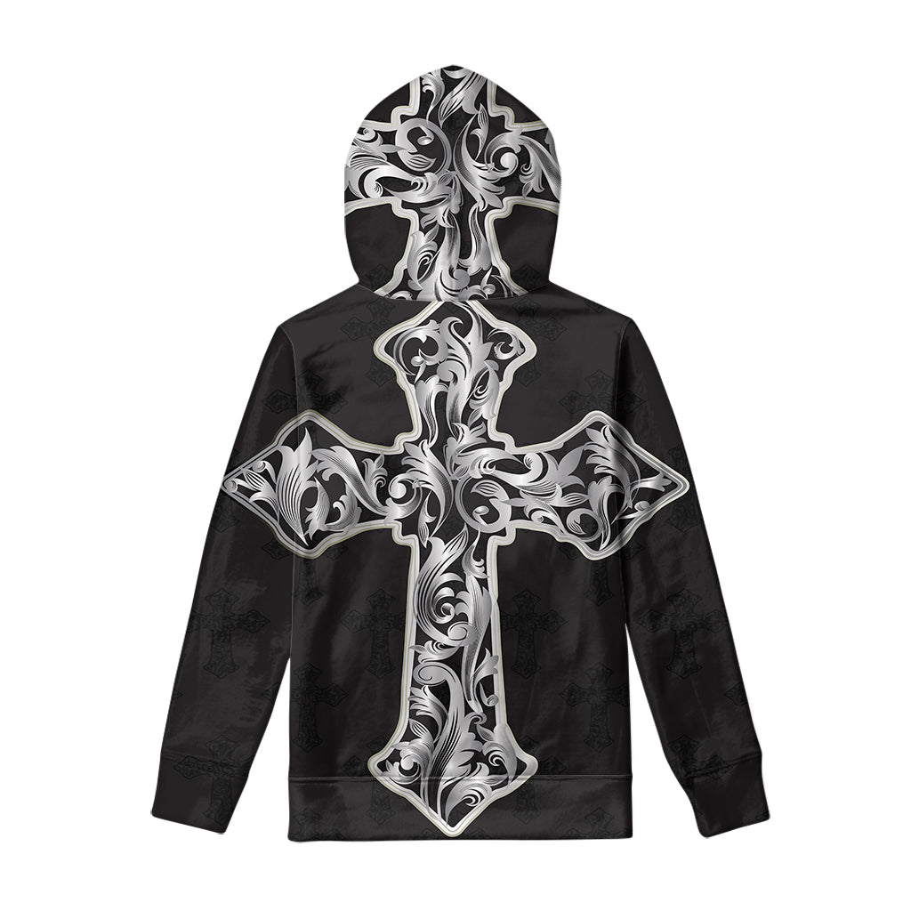 Ornamental Silver Cross Print Pullover Hoodie
