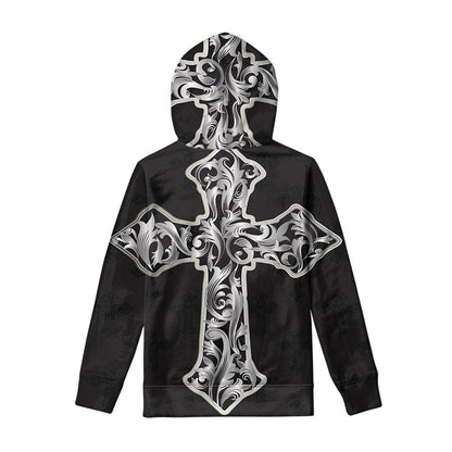 Ornamental Silver Cross Print Pullover Hoodie