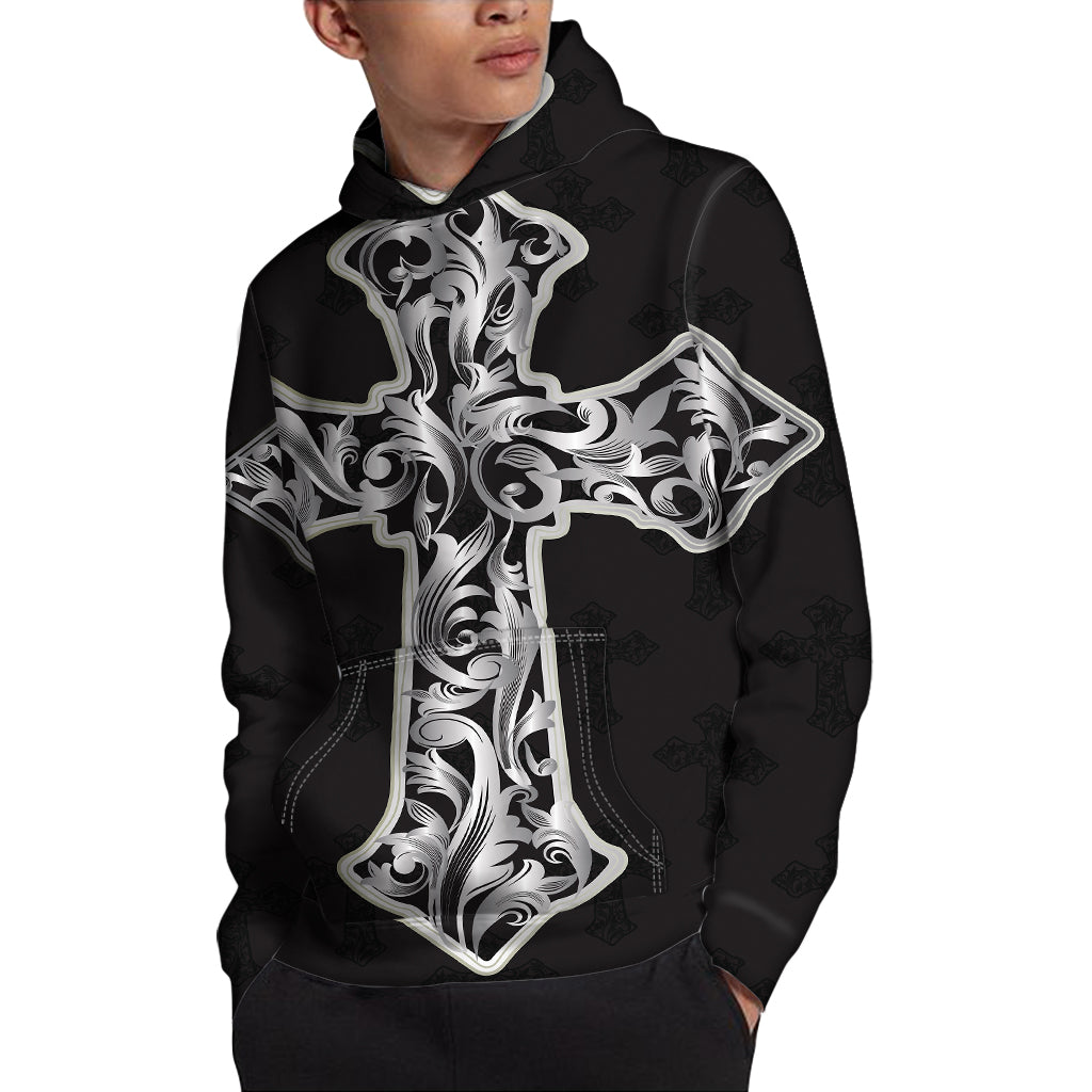 Ornamental Silver Cross Print Pullover Hoodie