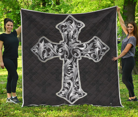 Ornamental Silver Cross Print Quilt