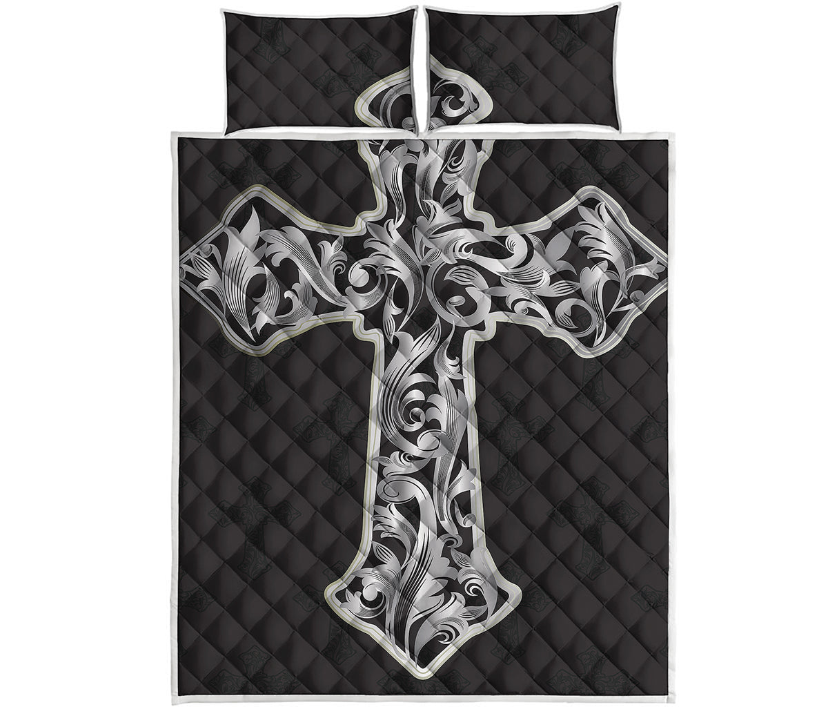 Ornamental Silver Cross Print Quilt Bed Set