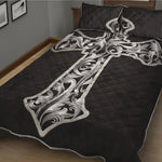 Ornamental Silver Cross Print Quilt Bed Set