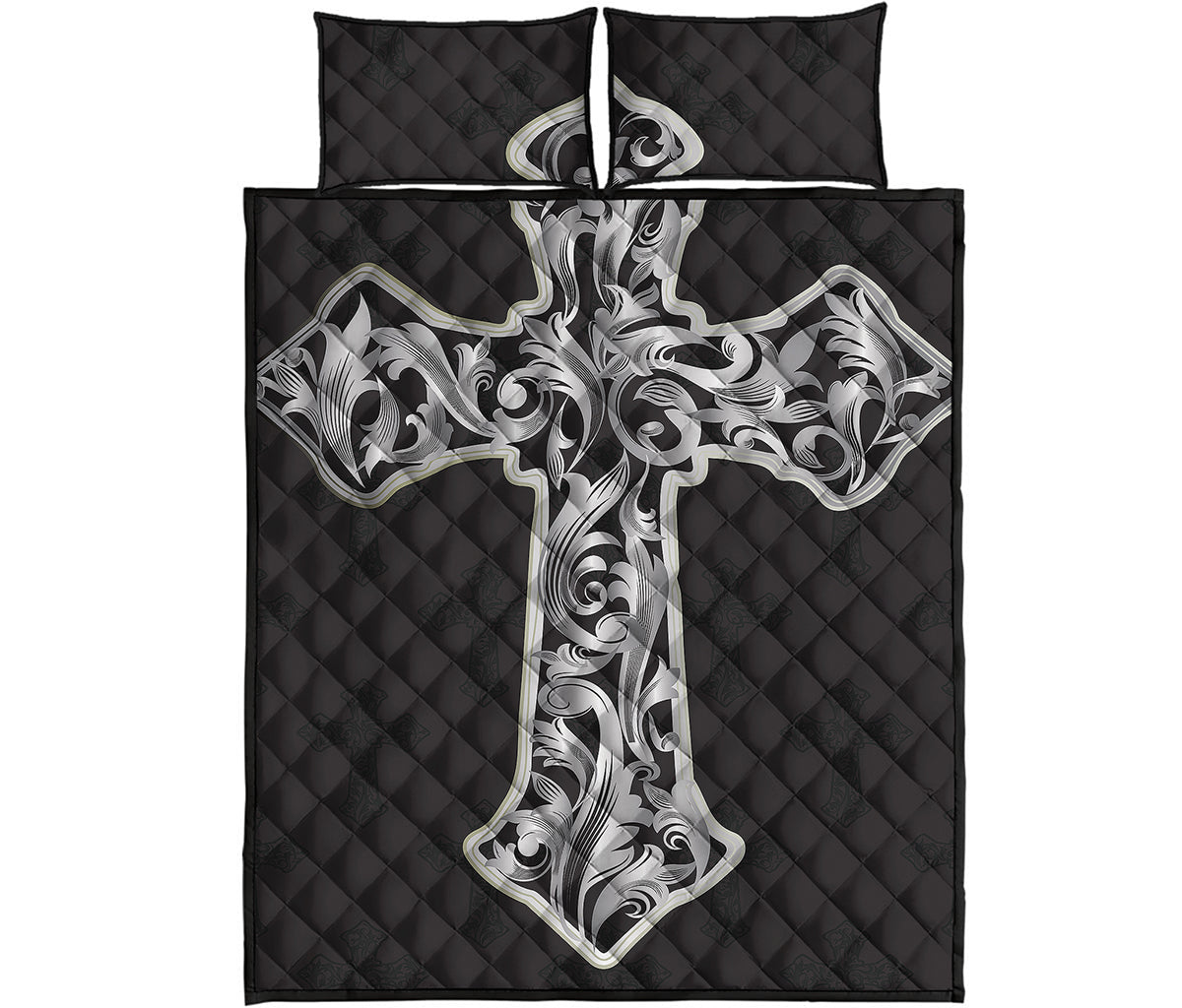 Ornamental Silver Cross Print Quilt Bed Set