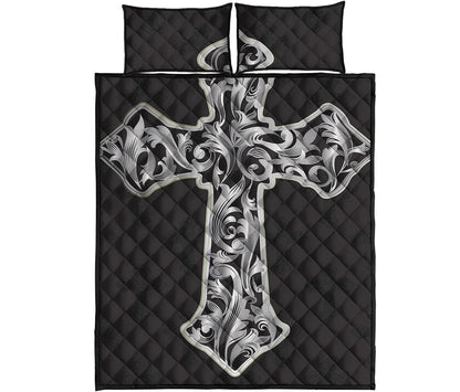 Ornamental Silver Cross Print Quilt Bed Set
