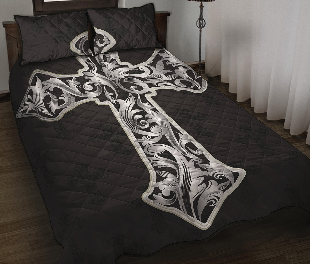 Ornamental Silver Cross Print Quilt Bed Set