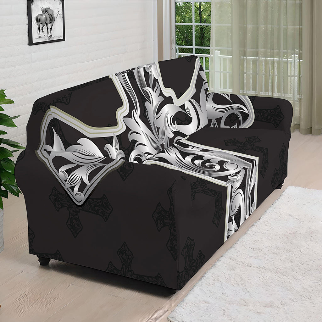 Ornamental Silver Cross Print Sofa Cover
