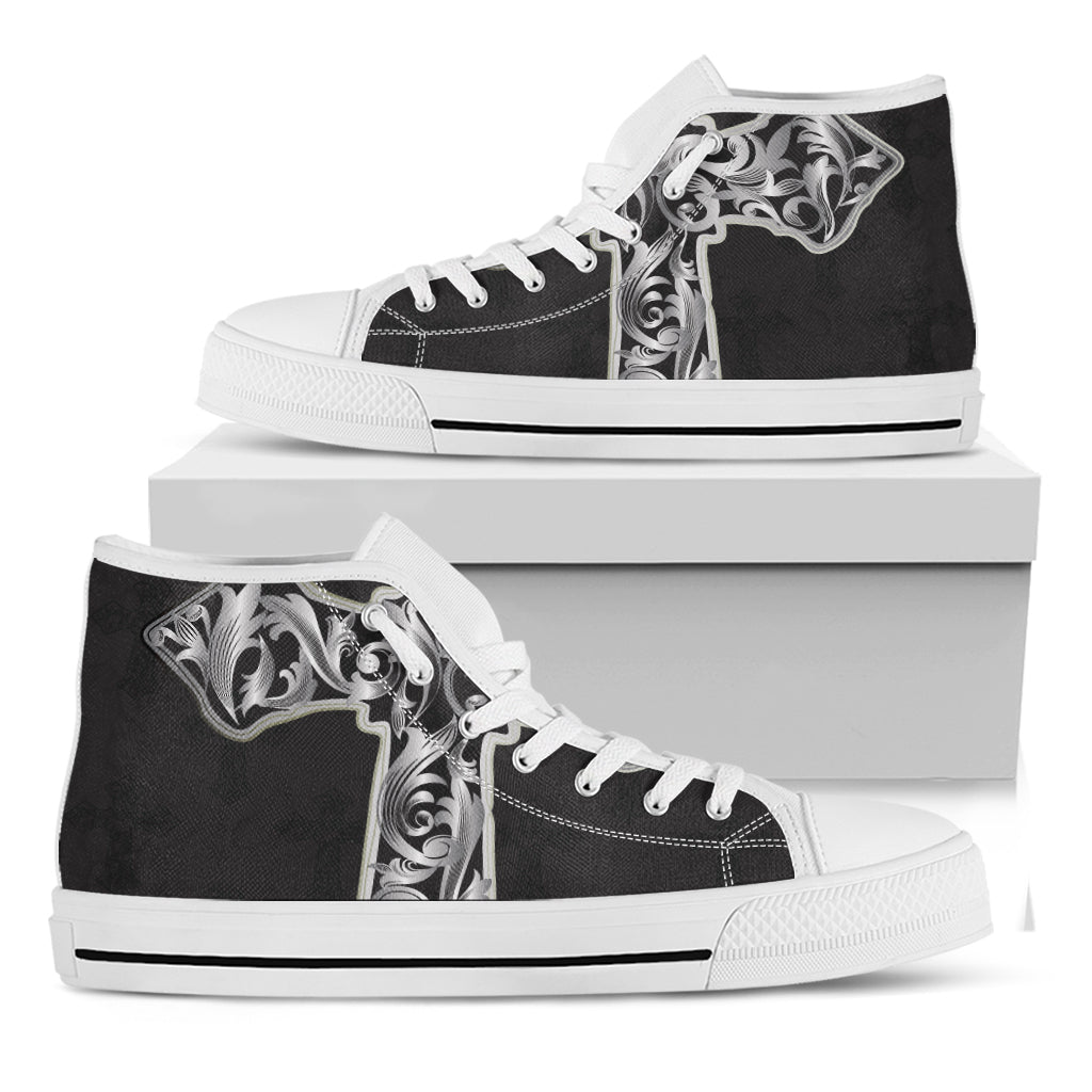 Ornamental Silver Cross Print White High Top Shoes