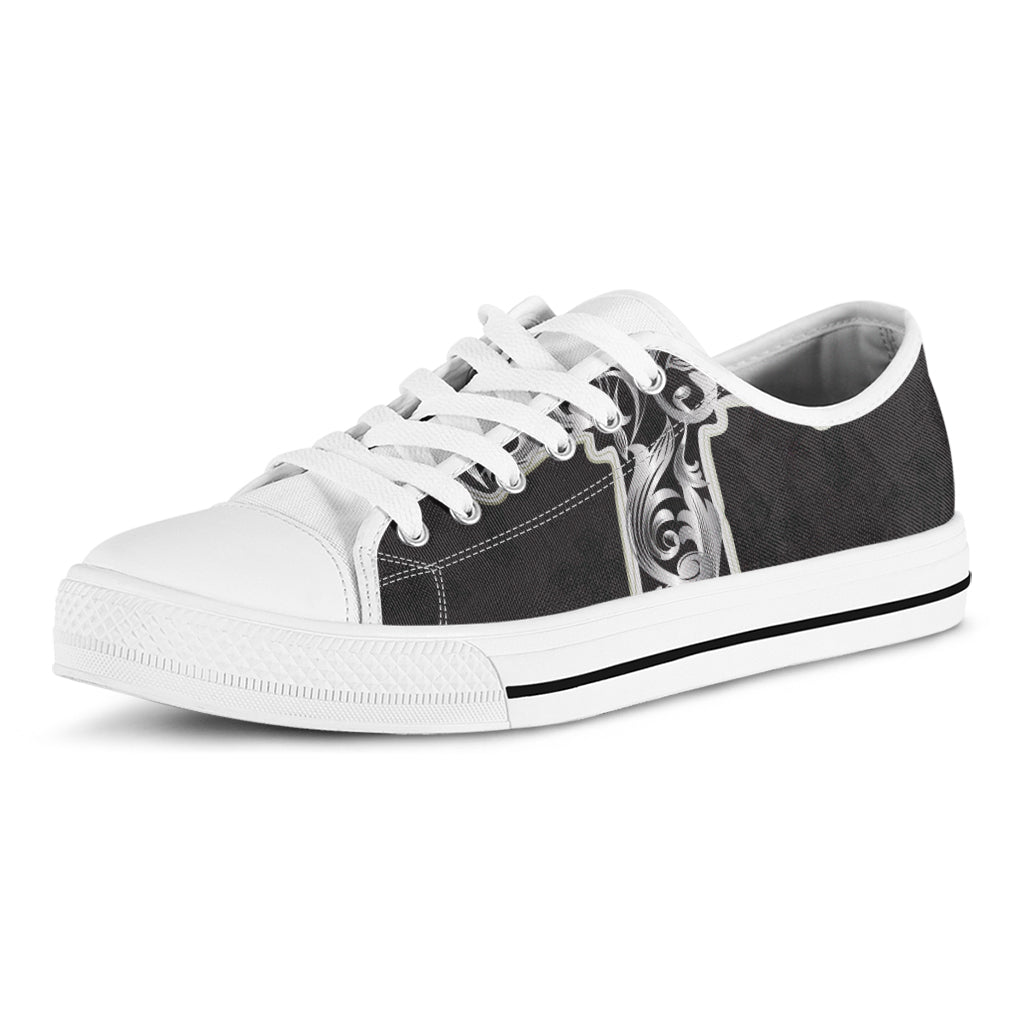 Ornamental Silver Cross Print White Low Top Shoes