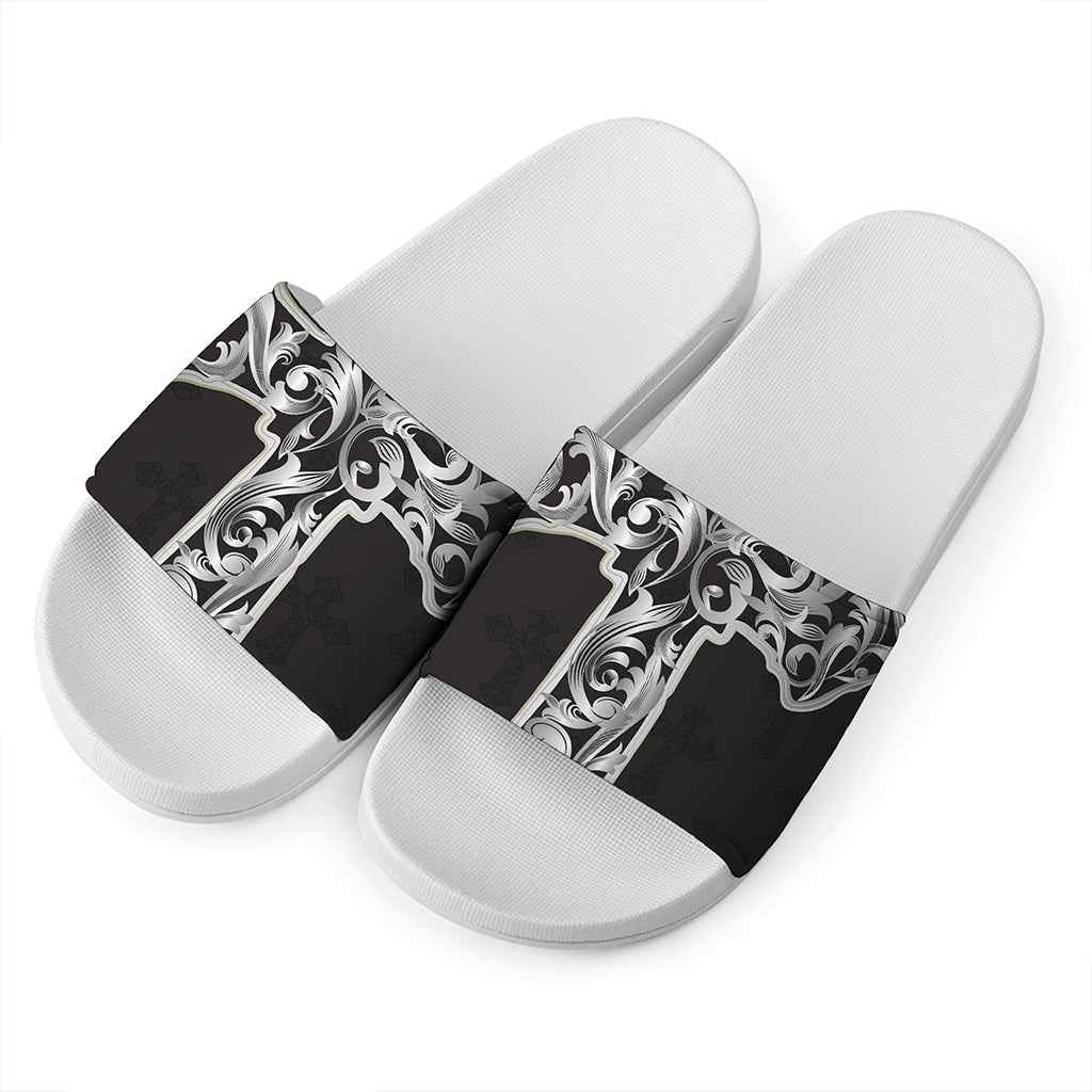 Ornamental Silver Cross Print White Slide Sandals
