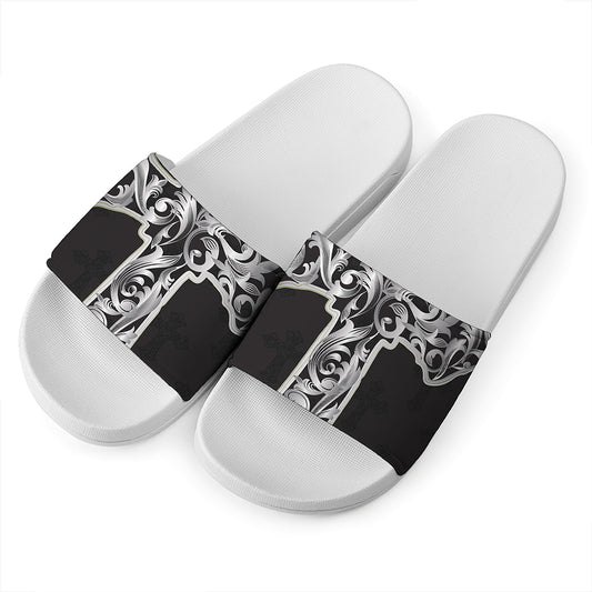 Ornamental Silver Cross Print White Slide Sandals