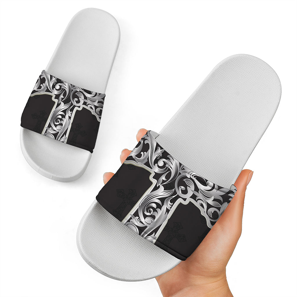 Ornamental Silver Cross Print White Slide Sandals