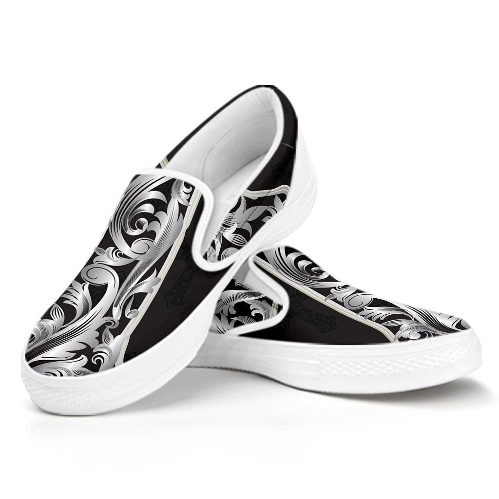 Ornamental Silver Cross Print White Slip On Shoes