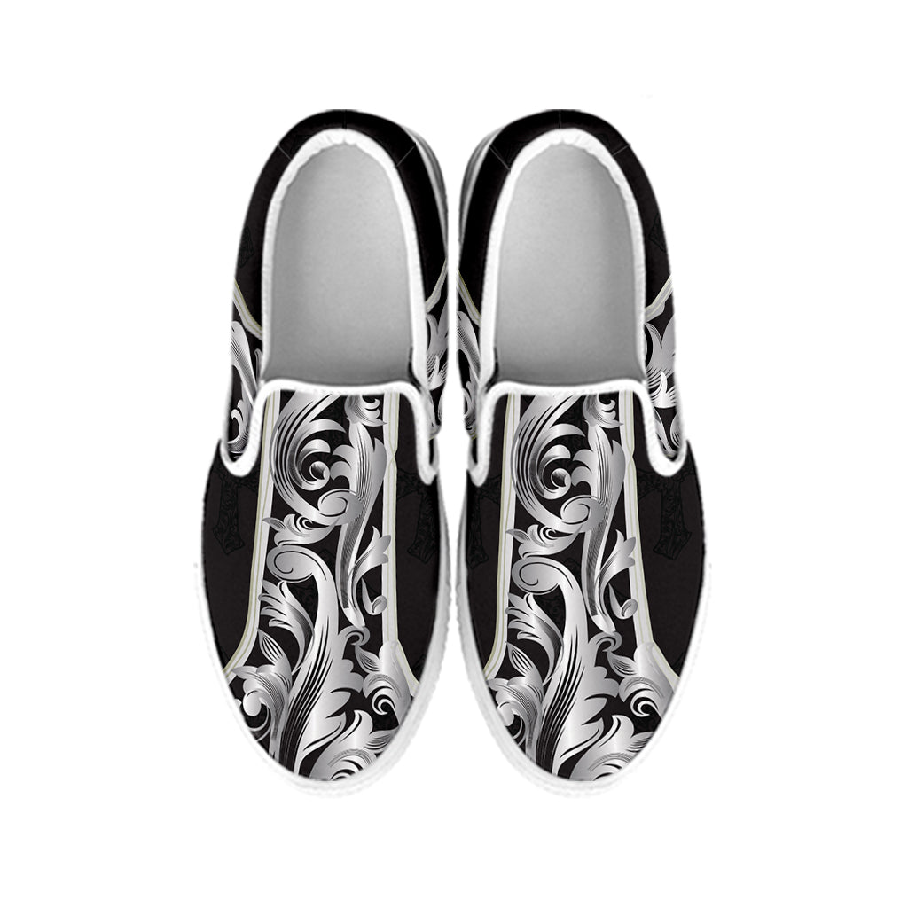 Ornamental Silver Cross Print White Slip On Shoes