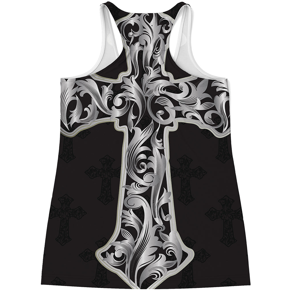 Ornamental Silver Cross Print Women's Racerback Tank Top