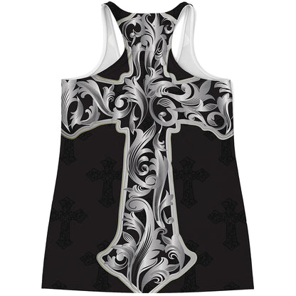 Ornamental Silver Cross Print Women's Racerback Tank Top