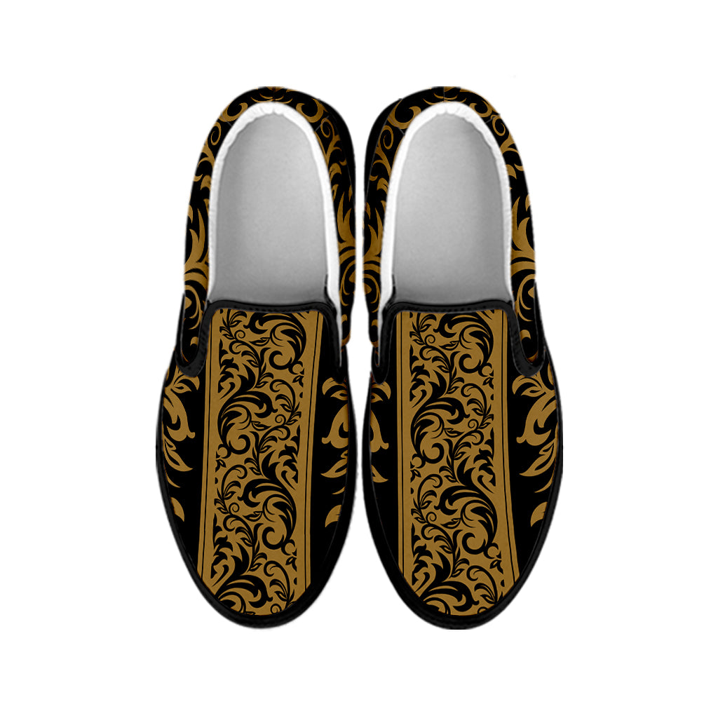 Ornamental Western Damask Print Black Slip On Shoes