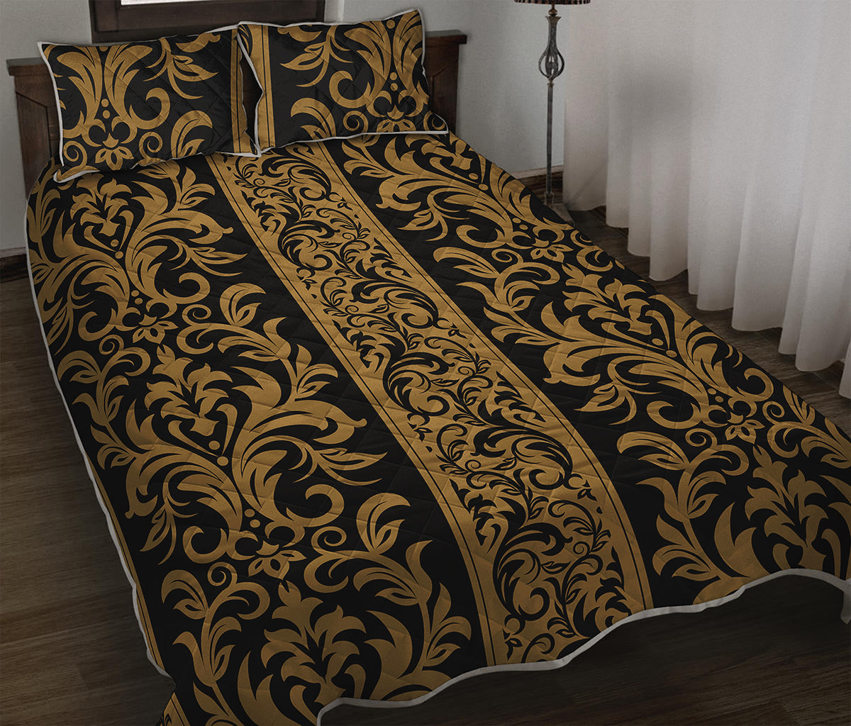 Ornamental Western Damask Print Quilt Bed Set