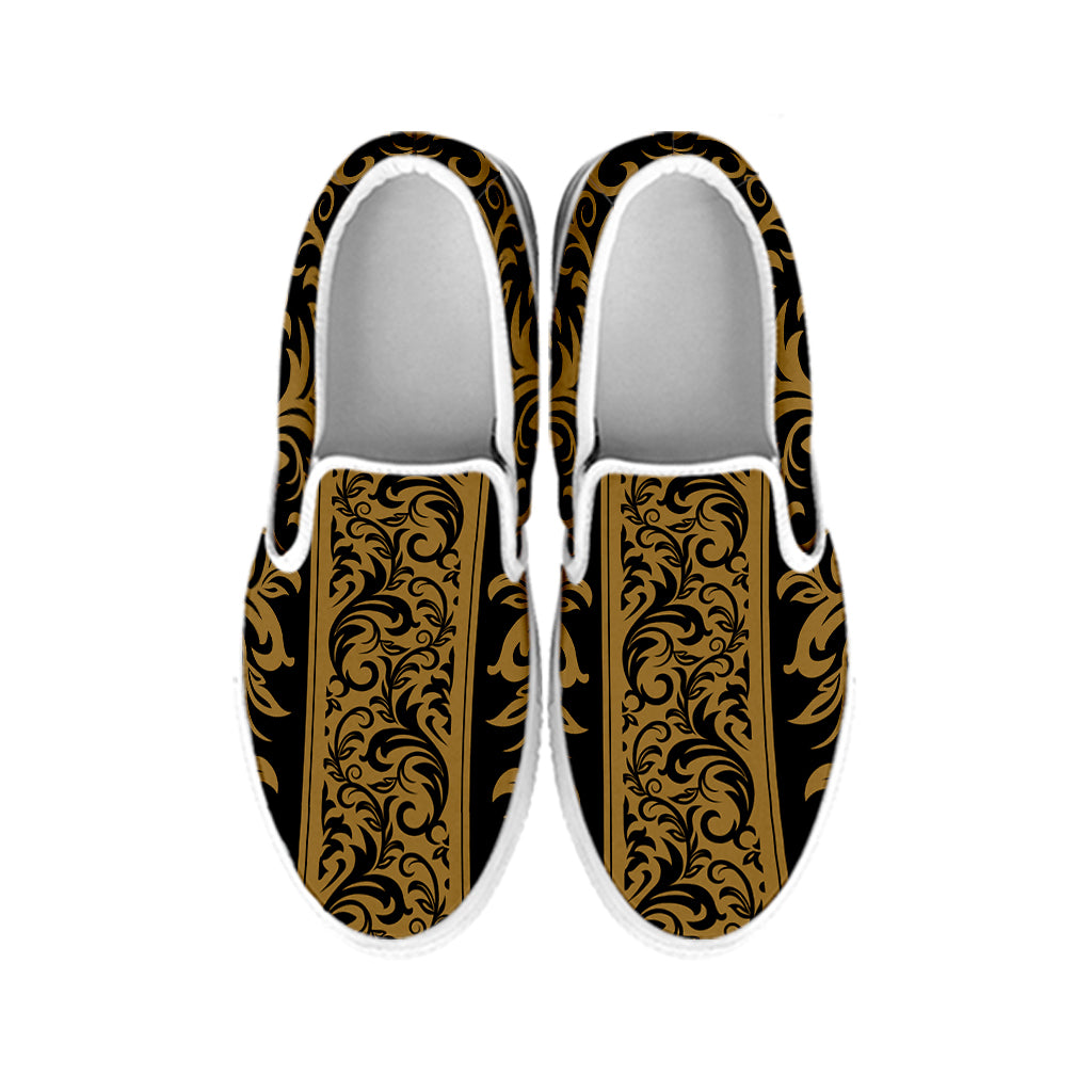Ornamental Western Damask Print White Slip On Shoes
