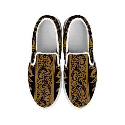 Ornamental Western Damask Print White Slip On Shoes