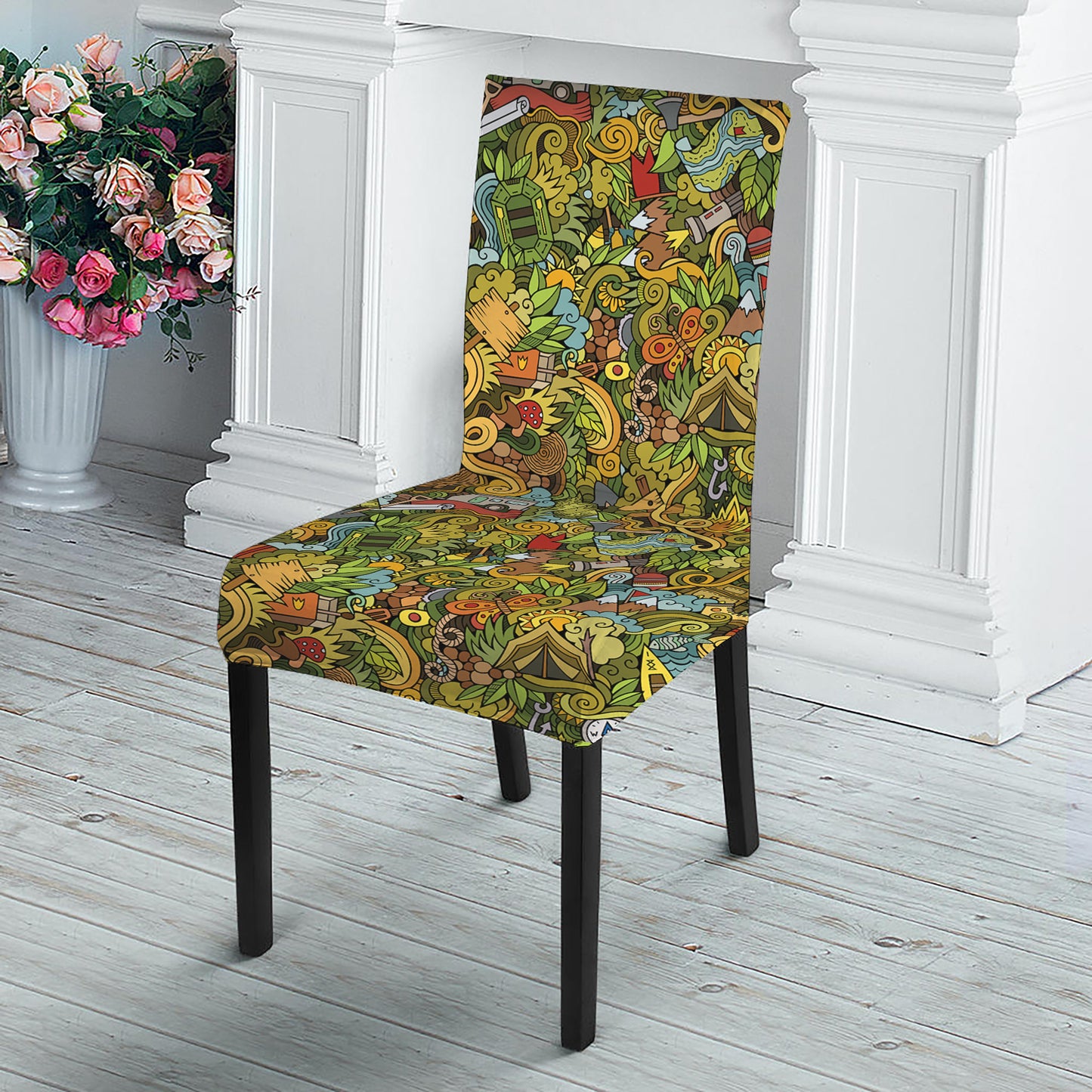 Outdoor Camping Pattern Print Dining Chair Slipcover