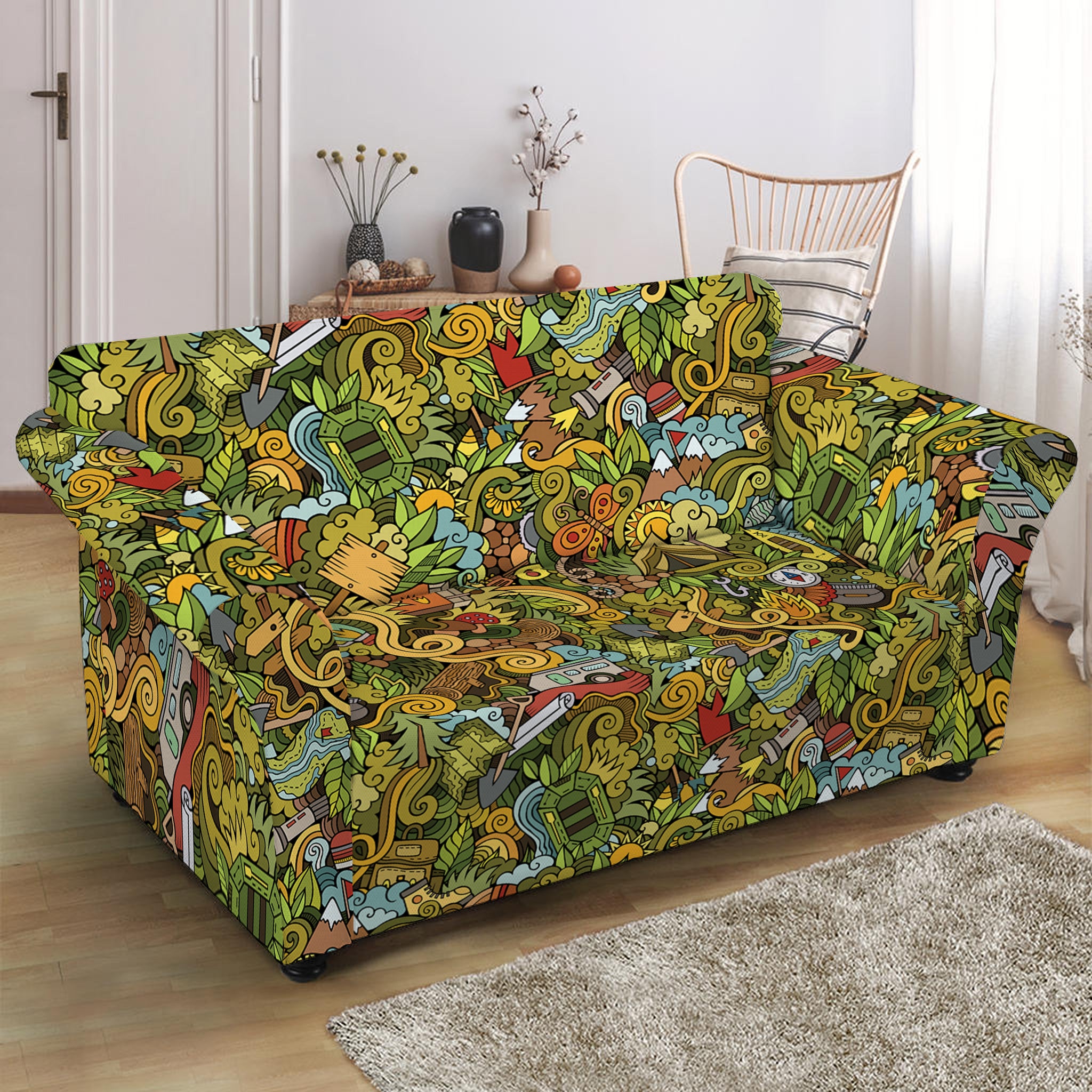 Outdoor Camping Pattern Print Loveseat Slipcover