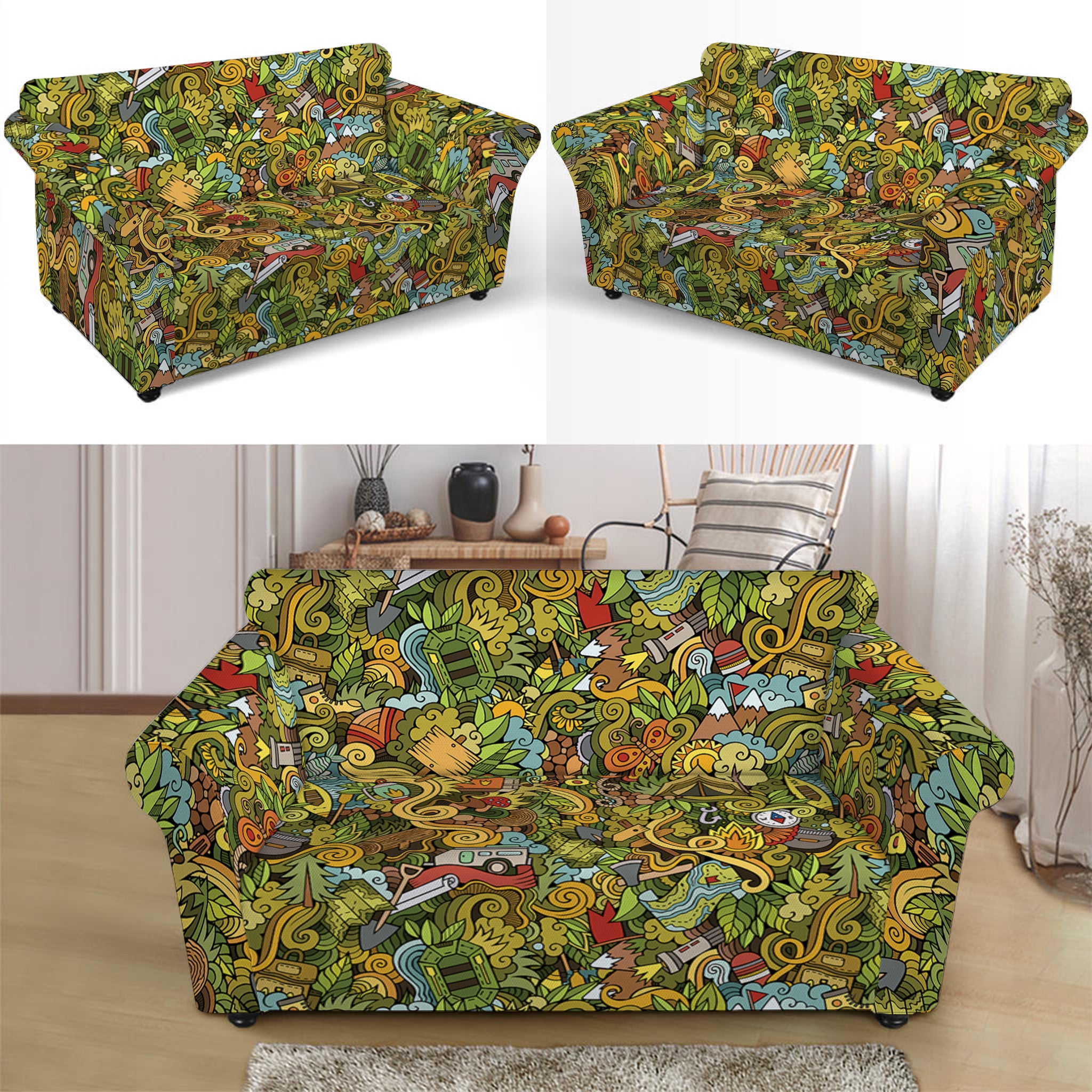 Outdoor Camping Pattern Print Loveseat Slipcover