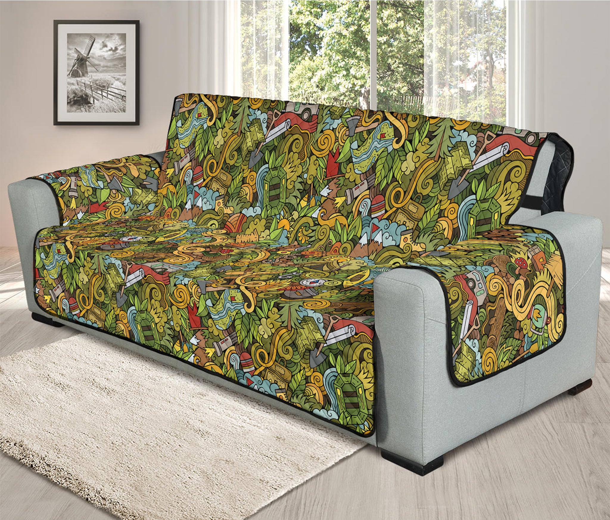 Outdoor Camping Pattern Print Oversized Sofa Protector