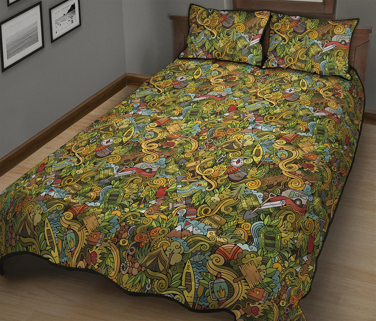 Outdoor Camping Pattern Print Quilt Bed Set