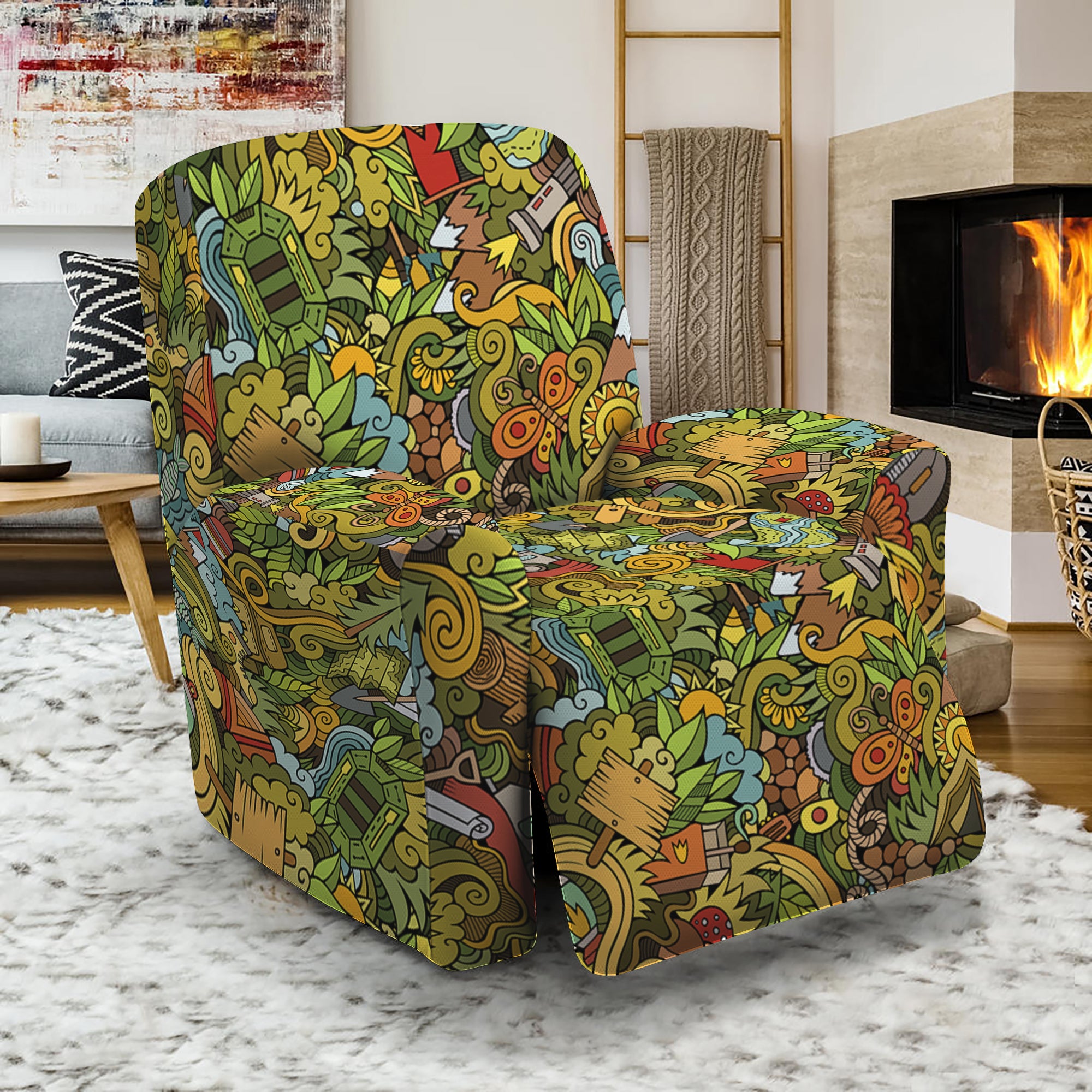 Outdoor Camping Pattern Print Recliner Slipcover