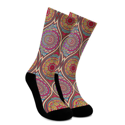 Oval Bohemian Mandala Patchwork Print Crew Socks