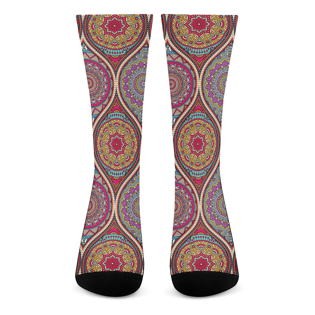 Oval Bohemian Mandala Patchwork Print Crew Socks