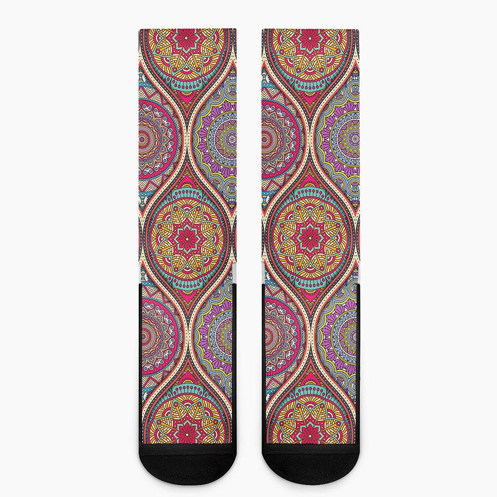 Oval Bohemian Mandala Patchwork Print Crew Socks