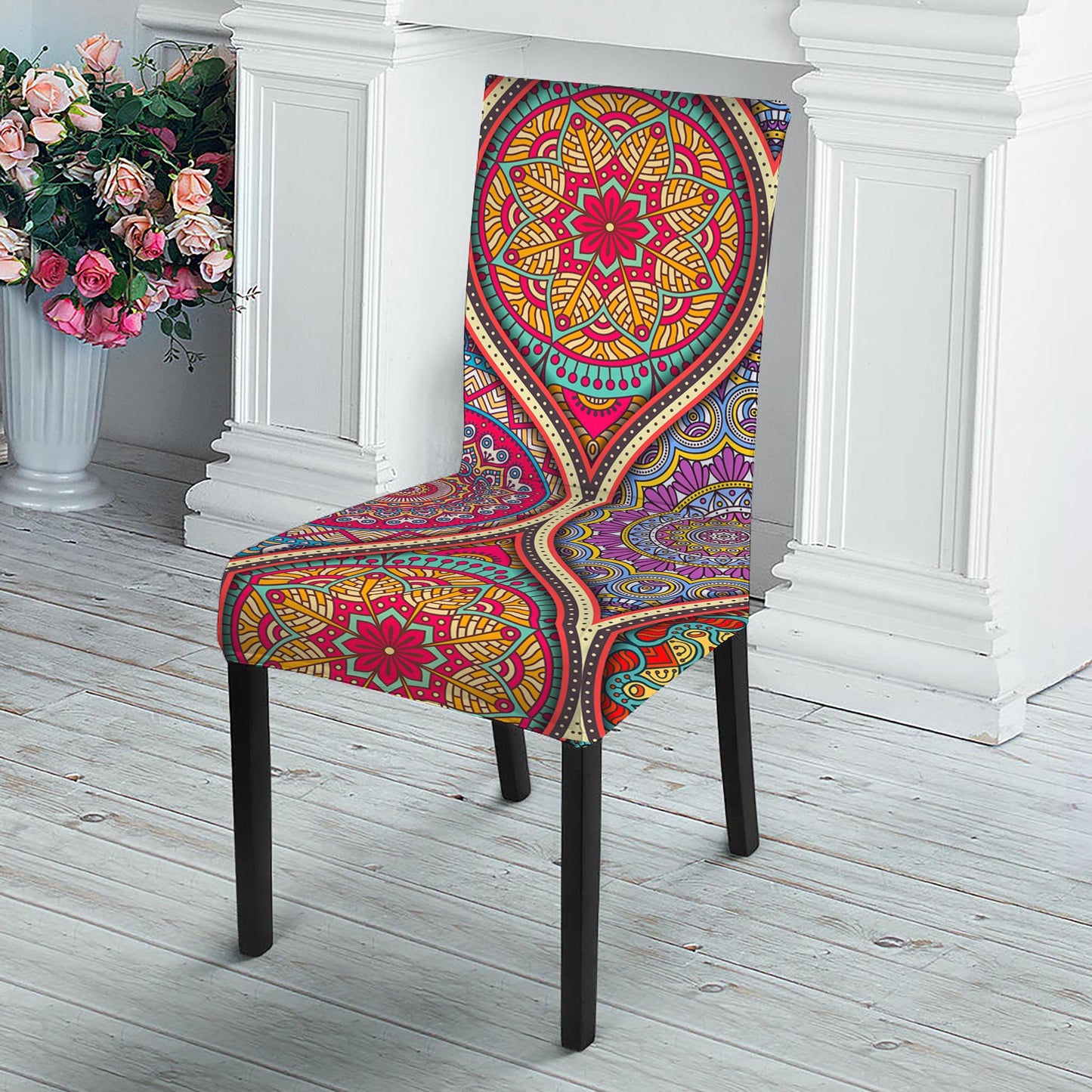 Oval Bohemian Mandala Patchwork Print Dining Chair Slipcover