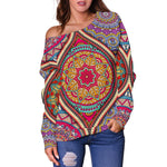 Oval Bohemian Mandala Patchwork Print Off Shoulder Sweatshirt GearFrost