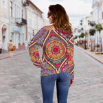 Oval Bohemian Mandala Patchwork Print Off Shoulder Sweatshirt GearFrost