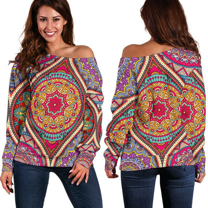 Oval Bohemian Mandala Patchwork Print Off Shoulder Sweatshirt GearFrost