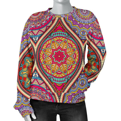 Oval Bohemian Mandala Patchwork Print Women's Crewneck Sweatshirt GearFrost
