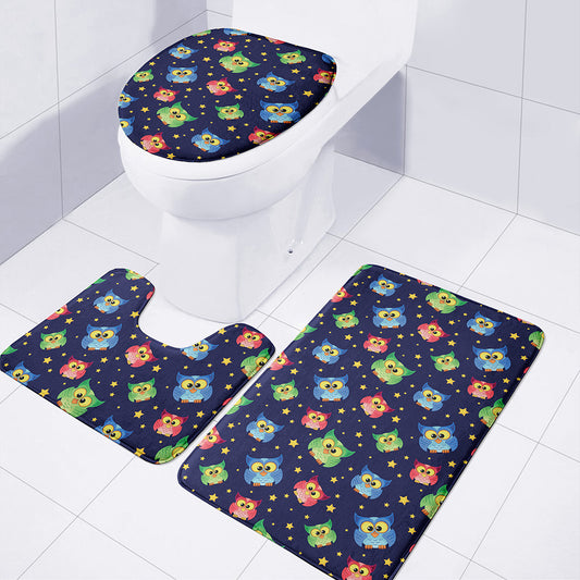 Owl And Star Pattern Print 3 Piece Bath Mat Set
