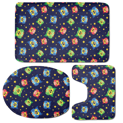 Owl And Star Pattern Print 3 Piece Bath Mat Set