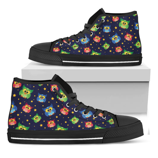 Owl And Star Pattern Print Black High Top Shoes
