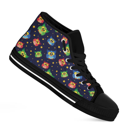 Owl And Star Pattern Print Black High Top Shoes